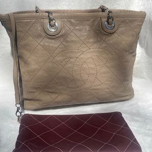 CHANEL Matelasse wild stitch Chain Tote Bag Caviar Skin Beige CC